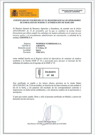 Maderas Yurrebaso certificado 3